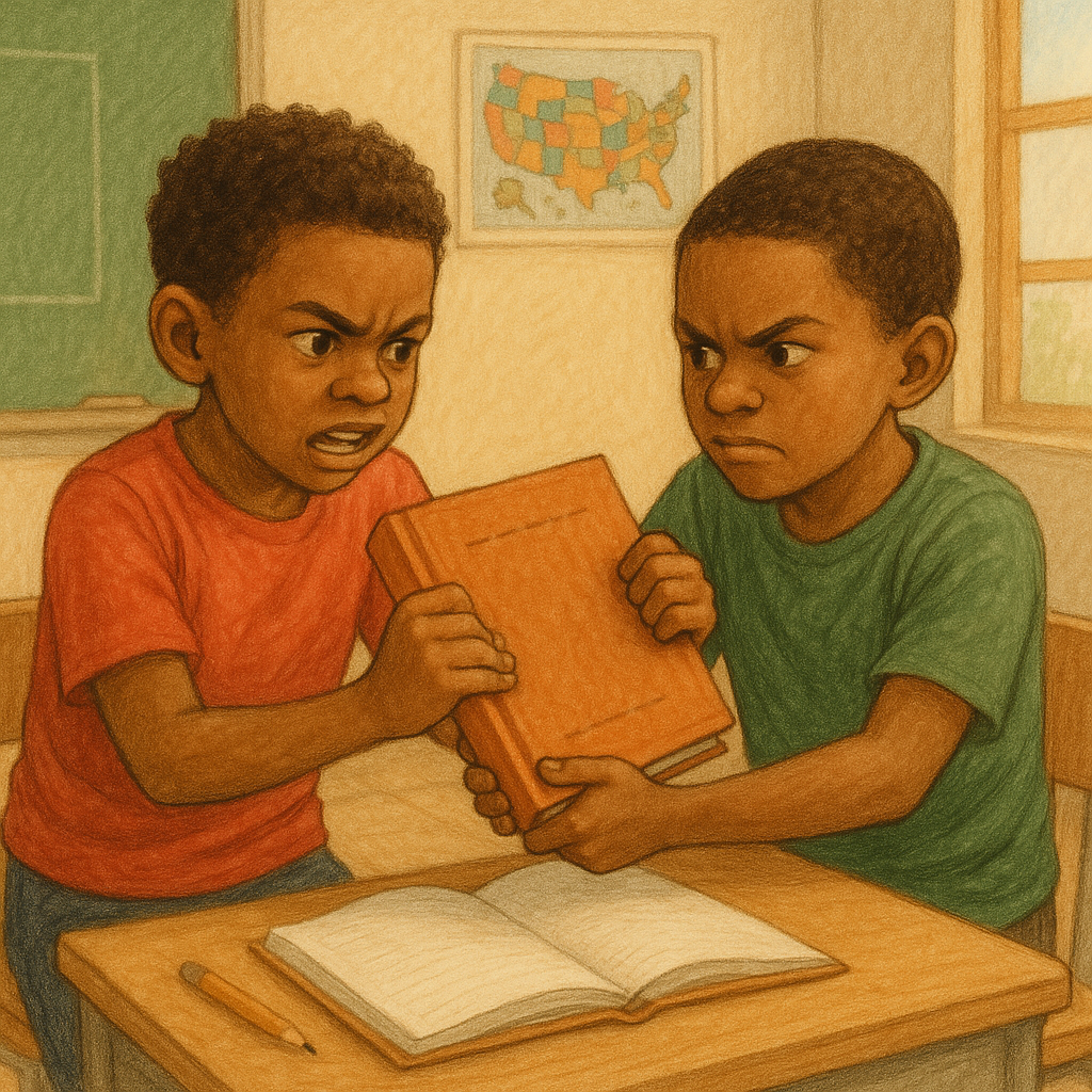 Children fighting over a book